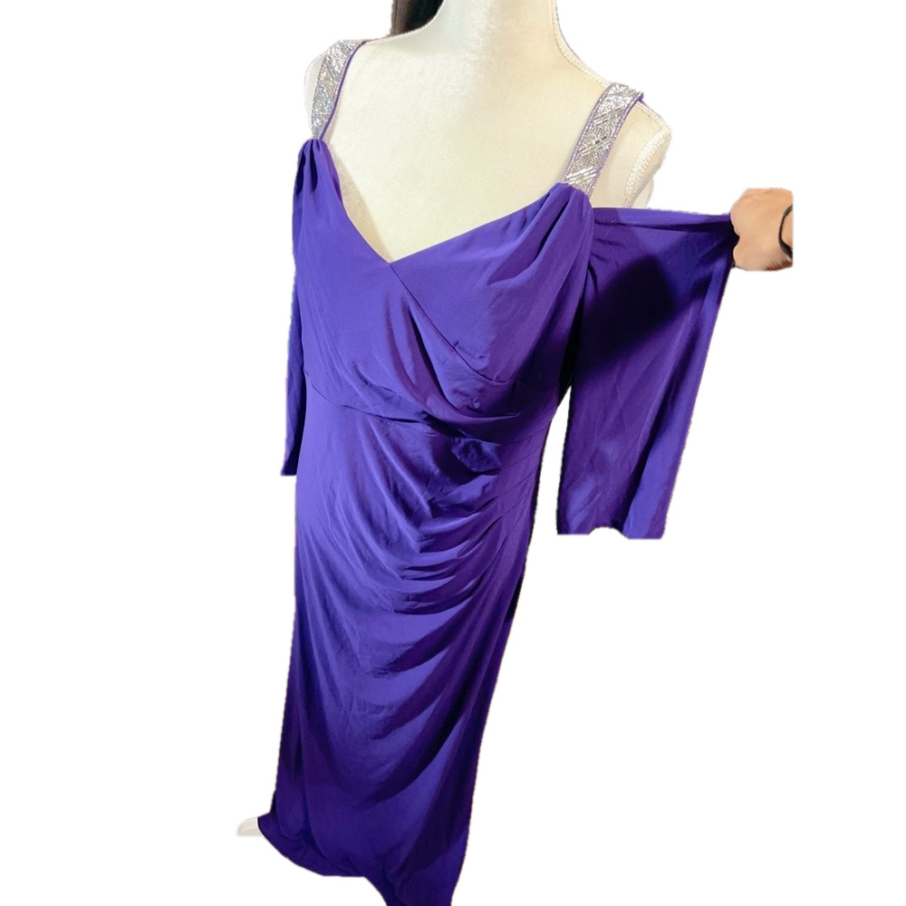 R&M Richard paved diamonds open shoulders short 3/4 sleeve stretchy long dress